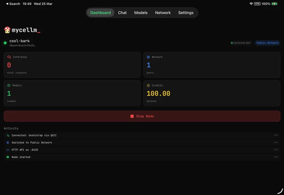 mycellm iPad app — node dashboard, connected over QUIC